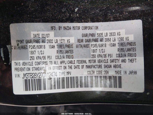 Продажа на аукционе авто 2007 Mazda Cx-9 Touring, vin: JM3TB28Y270112474, номер лота: 44775890