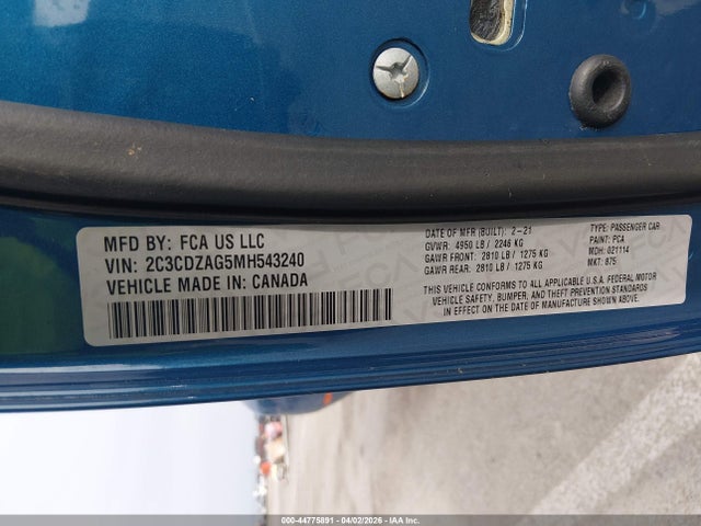 Продаж на аукціоні авто 2021 Dodge Challenger Sxt, vin: 2C3CDZAG5MH543240, номер лоту: 44775891