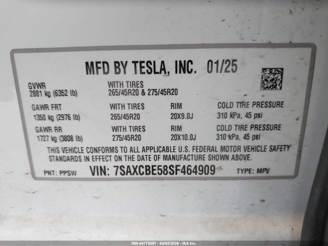 Aukcja sprzedaży 2025 Tesla Model X Long Range, vin: 7SAXCBE58SF464909, numer aukcji: 44775897
