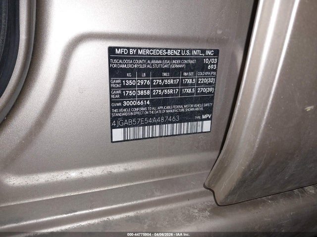 Продаж на аукціоні авто 2004 Mercedes-benz Ml 350 4matic, vin: 4JGAB57E54A487463, номер лоту: 44775904