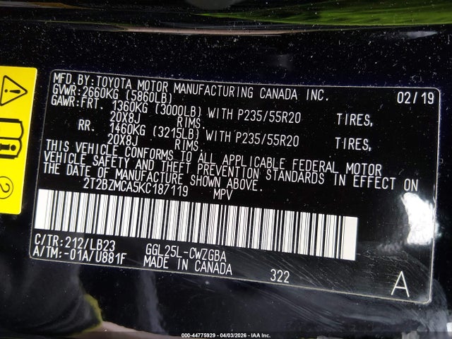 Auction sale of the 2019 Lexus Rx 350, vin: 2T2BZMCA5KC187119, lot number: 44775929