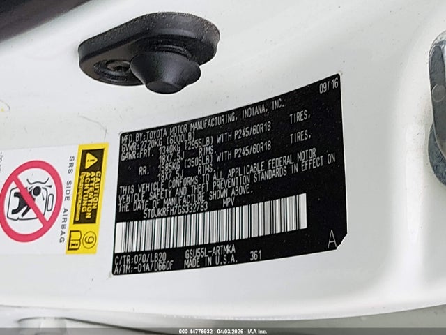 2016 Toyota Highlander Xle V6 მანქანა იყიდება აუქციონზე, vin: 5TDJKRFH7GS332783, აუქციონის ნომერი: 44775932