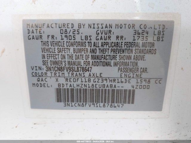 Продаж на аукціоні авто 2025 Nissan Versa 1.6 Sr, vin: 3N1CN8FV9SL878647, номер лоту: 44775933