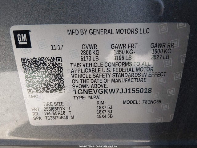 2018 Chevrolet Traverse 1lt მანქანა იყიდება აუქციონზე, vin: 1GNEVGKW7JJ155018, აუქციონის ნომერი: 44775941