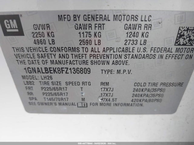 Chevrolet EQUINOX 1LT 2015 1GNALBEK8FZ136809 Image 9