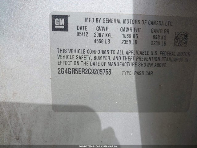 Продаж на аукціоні авто 2012 Buick Regal, vin: 2G4GR5ER2C9205768, номер лоту: 44775945