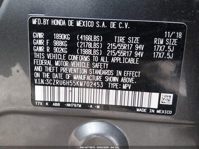 Aukcja sprzedaży 2019 Honda Hr-v Ex, vin: 3CZRU6H55KM702453, numer aukcji: 44775970