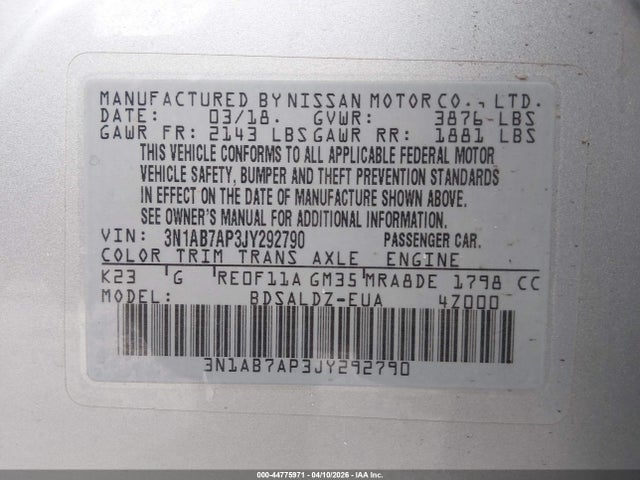 Продаж на аукціоні авто 2018 Nissan Sentra Sv, vin: 3N1AB7AP3JY292790, номер лоту: 44775971