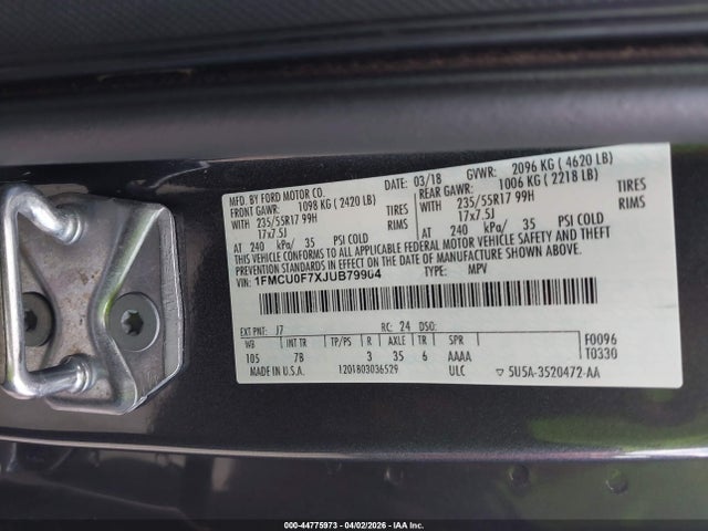 Aukcja sprzedaży 2018 Ford Escape S, vin: 1FMCU0F7XJUB79904, numer aukcji: 44775973