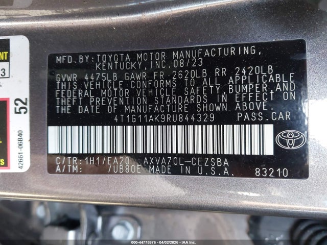 44775976 :رقم المزاد ، 4T1G11AK9RU844329 vin ، 2024 Toyota Camry Se مزاد بيع