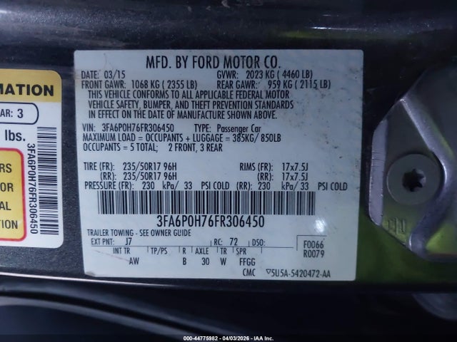 Ford FUSION SE 2015 3FA6P0H76FR306450 Image 9
