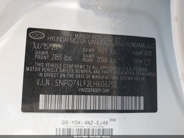 5NPD74LF2LH606752 Hyundai ELANTRA SE
