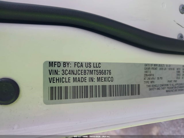 Продаж на аукціоні авто 2021 Jeep Compass 80th Anniversary Fwd, vin: 3C4NJCEB7MT596876, номер лоту: 44775996