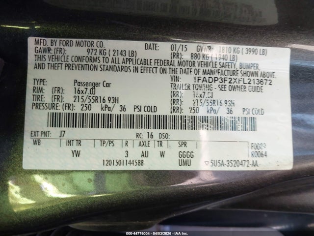 44776004 :رقم المزاد ، 1FADP3F2XFL213672 vin ، 2015 Ford Focus Se مزاد بيع