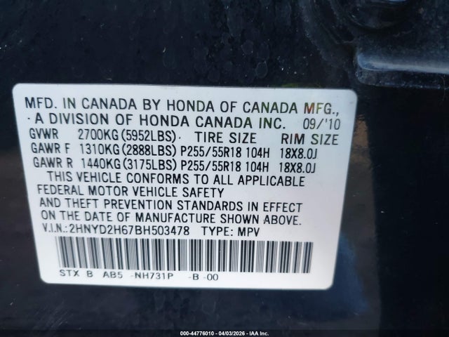Продаж на аукціоні авто 2011 Acura Mdx Technology Package, vin: 2HNYD2H67BH503478, номер лоту: 44776010