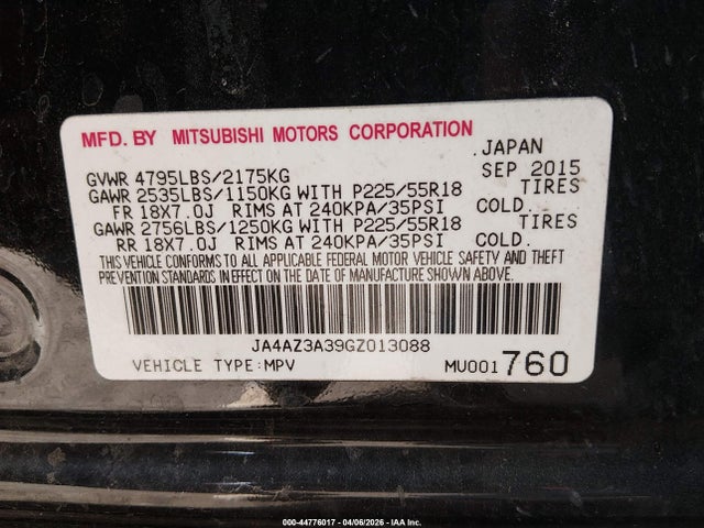 44776017 :رقم المزاد ، JA4AZ3A39GZ013088 vin ، 2016 Mitsubishi Outlander Se مزاد بيع