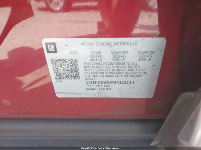 1G1FZ6S0XM4111114 Chevrolet Bolt Ev Fwd Premier