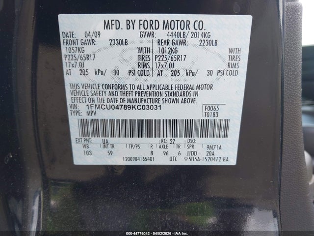 44776042 :رقم المزاد ، 1FMCU04789KC03031 vin ، 2009 Ford Escape Limited مزاد بيع