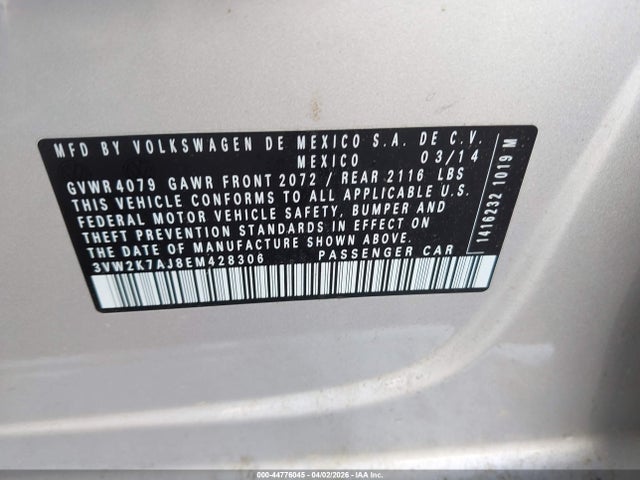 Продаж на аукціоні авто 2014 Volkswagen Jetta 2.0l S, vin: 3VW2K7AJ8EM428306, номер лоту: 44776045