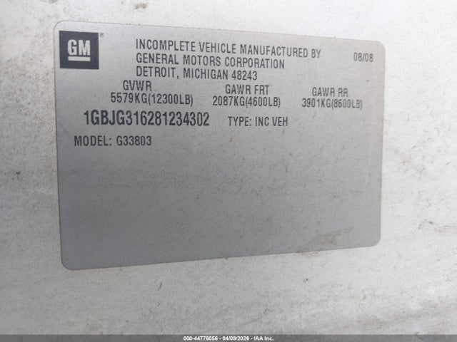 Продаж на аукціоні авто 2008 Chevrolet Express Cutaway Work Van, vin: 1GBJG316281234302, номер лоту: 44776056