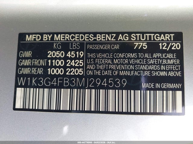 44776066 :رقم المزاد ، W1K3G4FB3MJ294539 vin ، 2021 Mercedes-benz A 220 4matic مزاد بيع