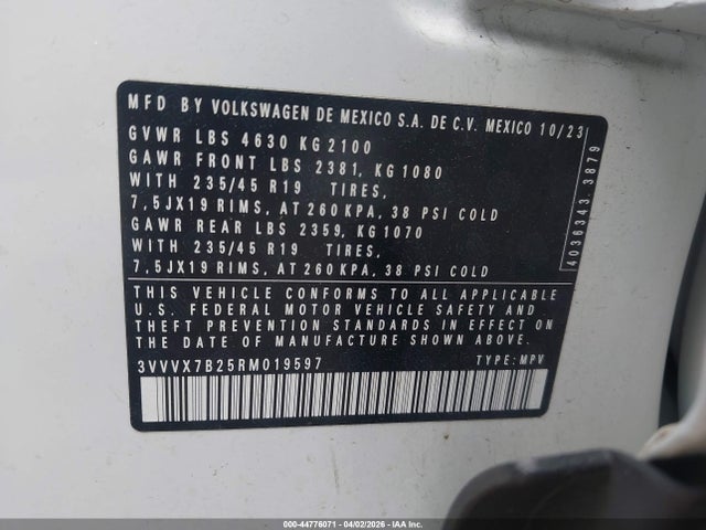 2024 Volkswagen Taos 1.5t Se მანქანა იყიდება აუქციონზე, vin: 3VVVX7B25RM019597, აუქციონის ნომერი: 44776071