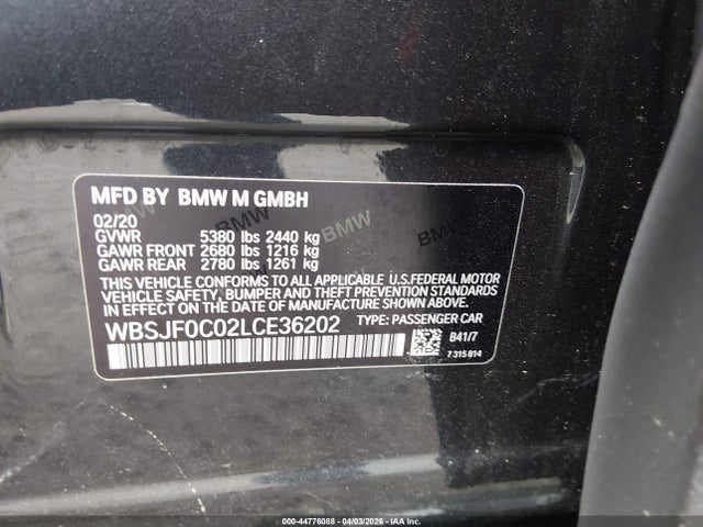 44776088 :رقم المزاد ، WBSJF0C02LCE36202 vin ، 2020 Bmw M5 مزاد بيع
