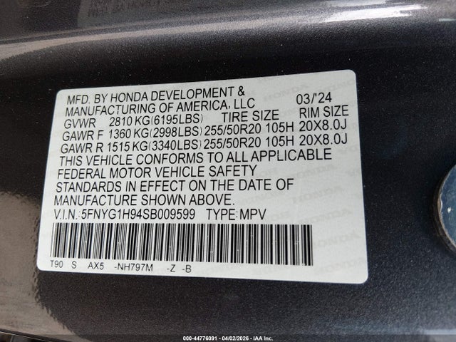 5FNYG1H94SB009599 Honda Pilot Black Edition