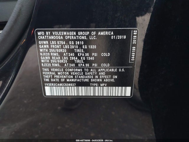 Aukcja sprzedaży 2019 Volkswagen Atlas 3.6l V6 Sel, vin: 1V2ER2CA6KC536527, numer aukcji: 44776099