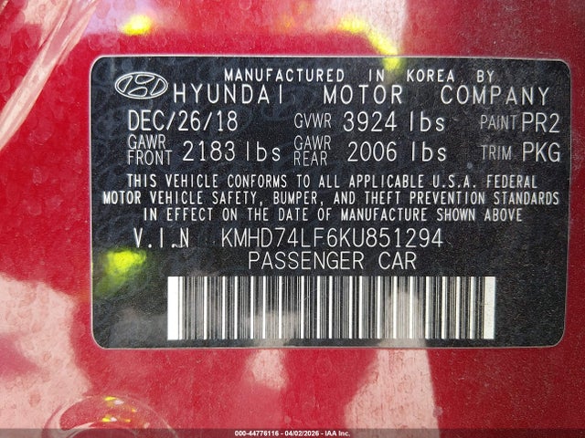 2019 Hyundai Elantra Se მანქანა იყიდება აუქციონზე, vin: KMHD74LF6KU851294, აუქციონის ნომერი: 44776116