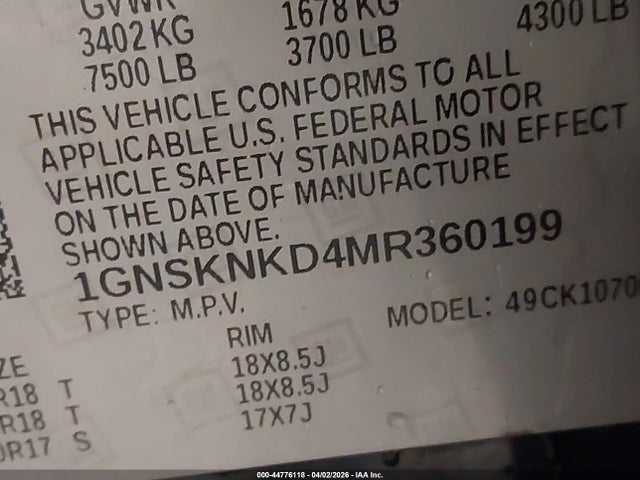 2021 Chevrolet Tahoe 4wd Lt მანქანა იყიდება აუქციონზე, vin: 1GNSKNKD4MR360199, აუქციონის ნომერი: 44776118
