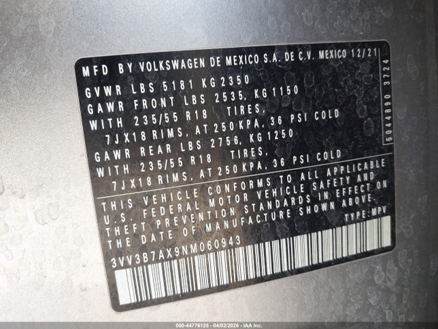 3VV3B7AX9NM060943 Volkswagen Tiguan 2.0t Se