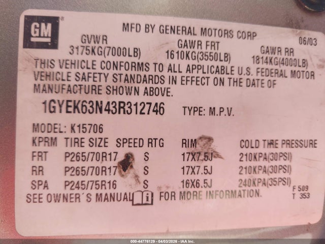 44776129 :رقم المزاد ، 1GYEK63N43R312746 vin ، 2003 Cadillac Escalade Standard مزاد بيع