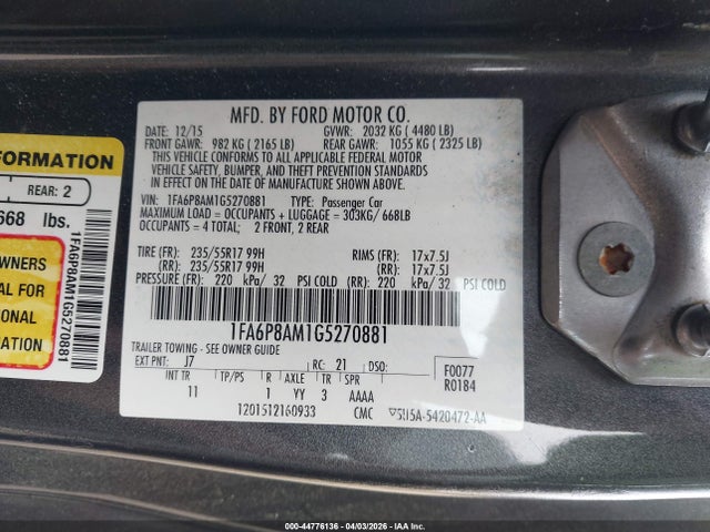 Продажа на аукционе авто 2016 Ford Mustang V6, vin: 1FA6P8AM1G5270881, номер лота: 44776136