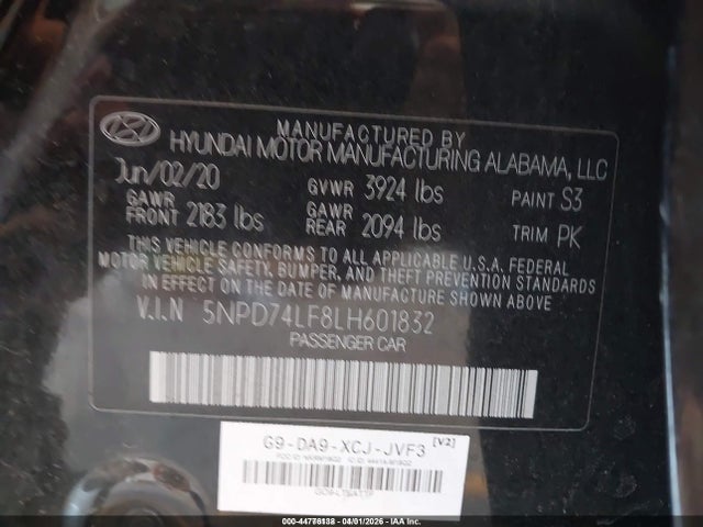 5NPD74LF8LH601832 Hyundai ELANTRA SE