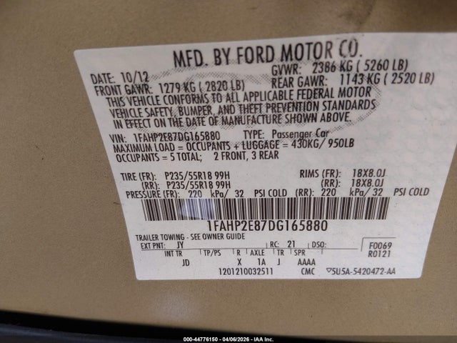2013 Ford Taurus Sel მანქანა იყიდება აუქციონზე, vin: 1FAHP2E87DG165880, აუქციონის ნომერი: 44776150