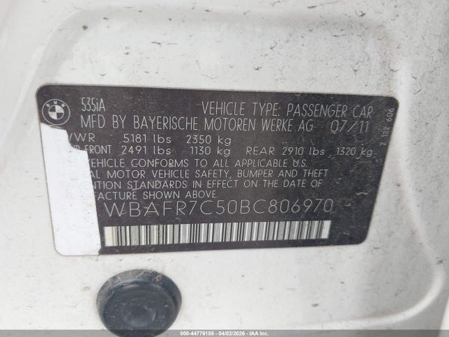 2011 Bmw 535i მანქანა იყიდება აუქციონზე, vin: WBAFR7C50BC806970, აუქციონის ნომერი: 44776158