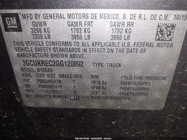 2016 Chevrolet Silverado 1500 2lt მანქანა იყიდება აუქციონზე, vin: 3GCUKREC2GG120892, აუქციონის ნომერი: 44776160