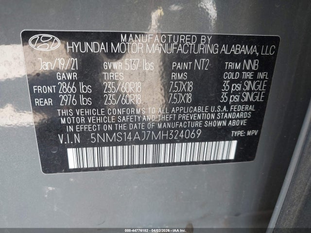 Продаж на аукціоні авто 2021 Hyundai Santa Fe Se, vin: 5NMS14AJ7MH324069, номер лоту: 44776182