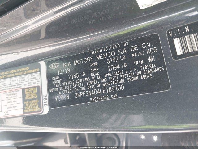 2020 Kia Forte Lxs მანქანა იყიდება აუქციონზე, vin: 3KPF24AD4LE189700, აუქციონის ნომერი: 44776188
