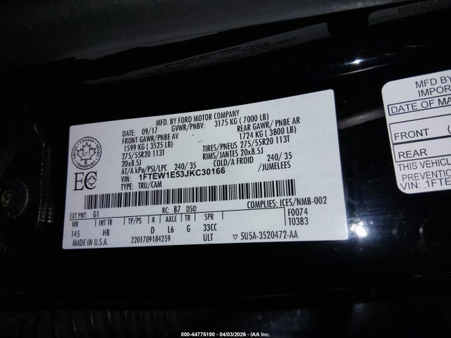 Aukcja sprzedaży 2018 Ford F-150 Lariat, vin: 1FTEW1E53JKC30166, numer aukcji: 44776190
