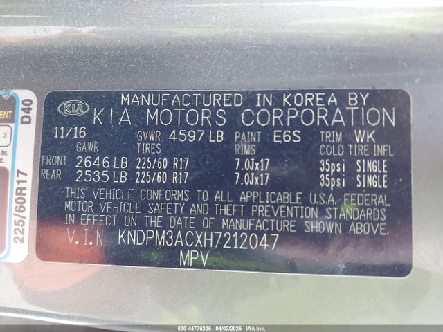 2017 Kia Sportage Lx მანქანა იყიდება აუქციონზე, vin: KNDPM3ACXH7212047, აუქციონის ნომერი: 44776205