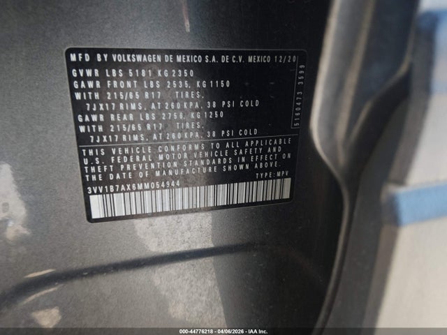 Aukcja sprzedaży 2021 Volkswagen Tiguan 2.0t S, vin: 3VV1B7AX6MM054944, numer aukcji: 44776218