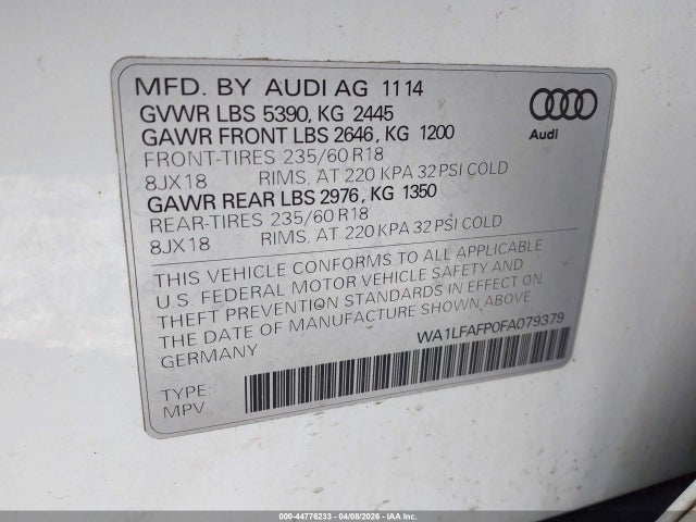 Aukcja sprzedaży 2015 Audi Q5 2.0t Premium, vin: WA1LFAFP0FA079379, numer aukcji: 44776233