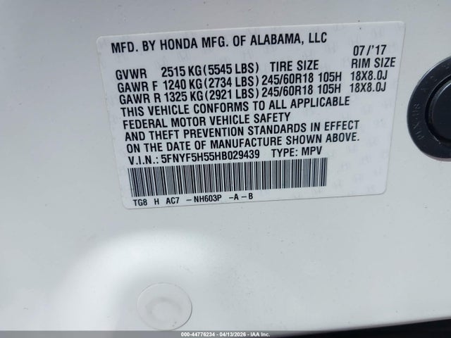5FNYF5H55HB029439 Honda Pilot Ex-l