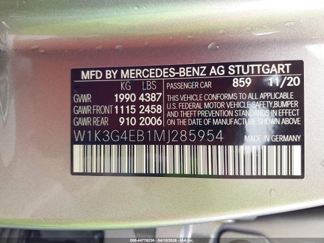 W1K3G4EB1MJ285954 Mercedes-Benz A 220