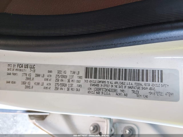 44776237 :رقم المزاد ، 1C6SRFST2KN633301 vin ، 2019 Ram 1500 Longhorn  4x4 6'4 Box مزاد بيع