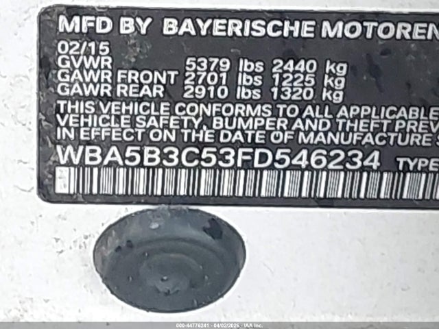 2015 Bmw 535i Xdrive მანქანა იყიდება აუქციონზე, vin: WBA5B3C53FD546234, აუქციონის ნომერი: 44776241