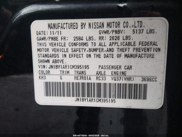 Auction sale of the 2012 Infiniti M37x, vin: JN1BY1AR1CM395195, lot number: 44776245