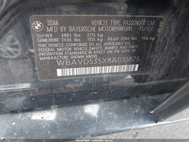 Aukcja sprzedaży 2008 Bmw 335xi, vin: WBAVD535X8A010875, numer aukcji: 44776247